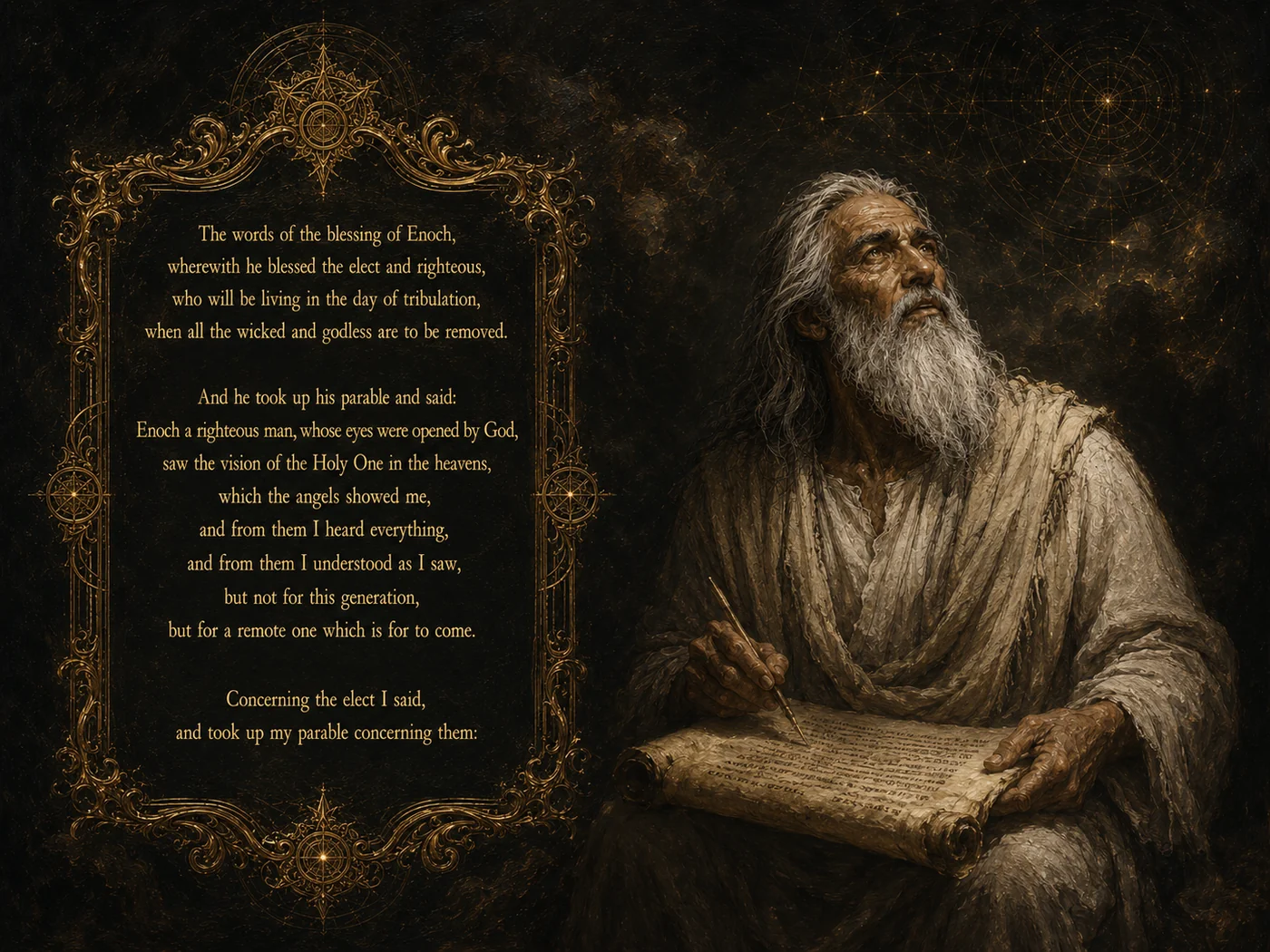 An opening of The Book of Enoch Illustrated: chapter 1, the blessing of Enoch, beside Enoch writing on a scroll