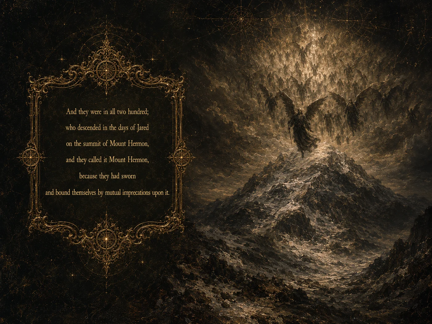 An opening of The Book of Enoch Illustrated: chapter 6, the Watchers descending on Mount Hermon
