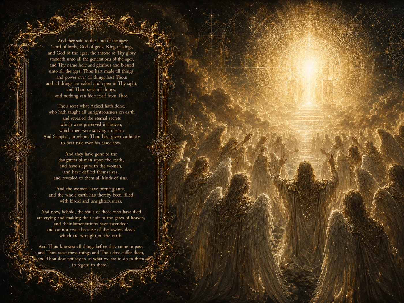An opening of The Book of Enoch Illustrated: chapter 9, the archangels pray to the Lord of the ages before a blaze of light