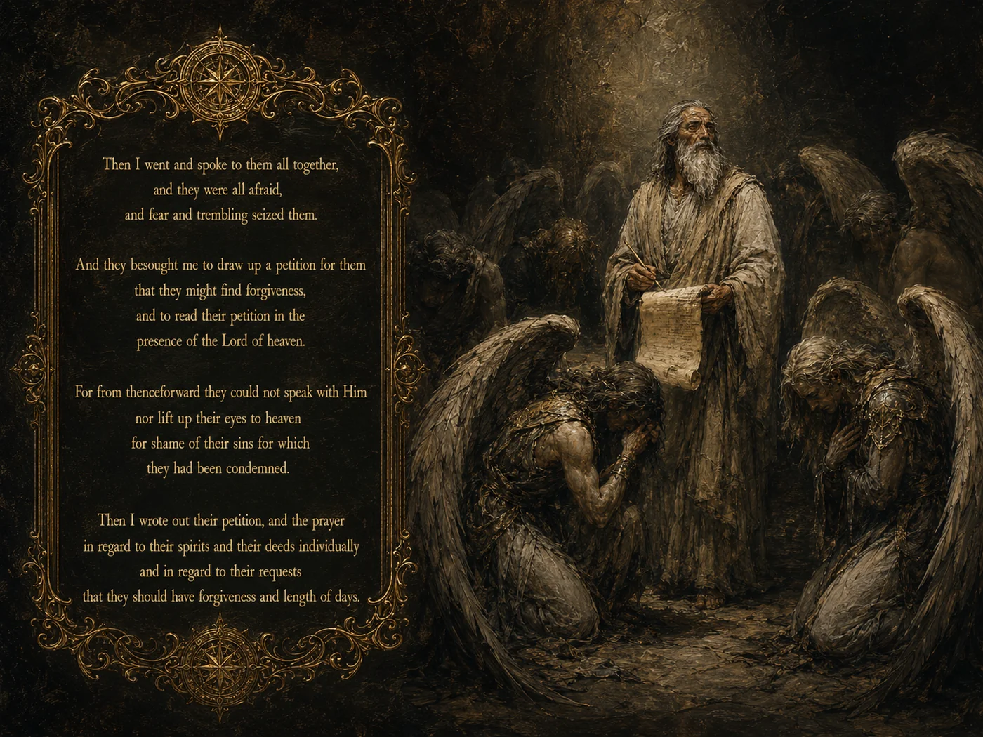 An opening of The Book of Enoch Illustrated: chapter 13, Enoch writes out the petition of the Watchers among kneeling fallen angels