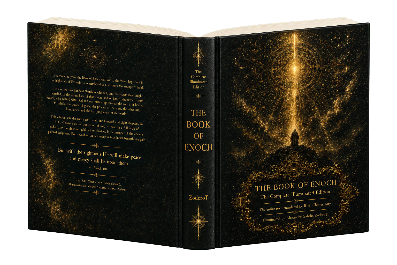 Full-color Book of Enoch collector hardcover showing the back cover, spine, and illuminated front cover