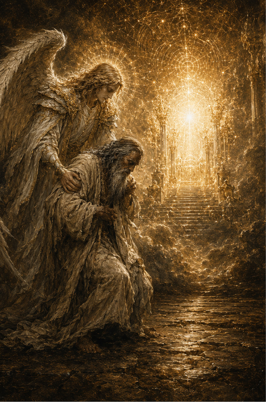 Enoch guided toward a luminous heavenly throne