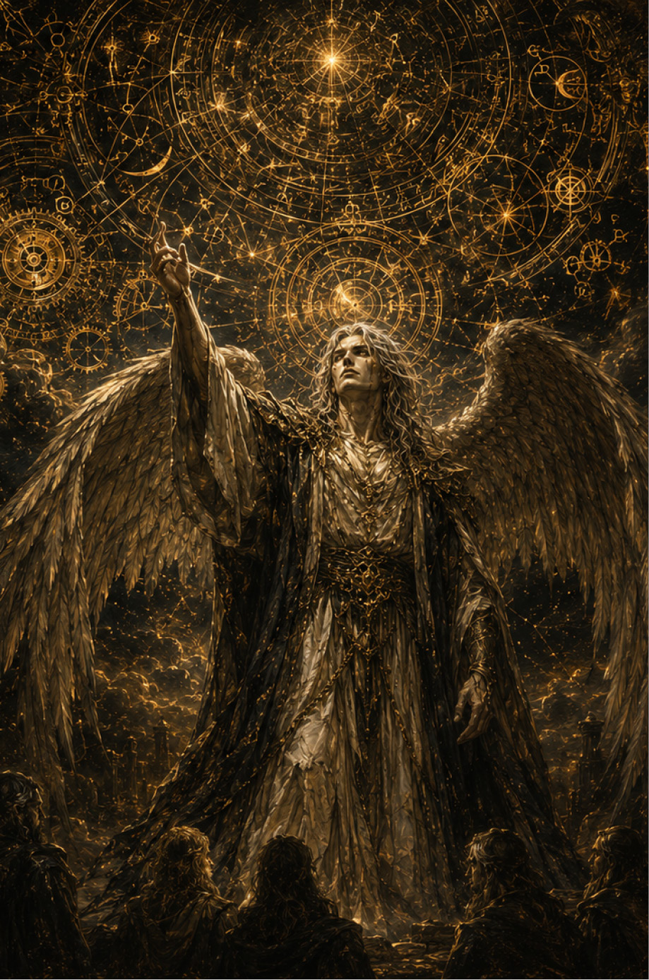 A Watcher beneath celestial diagrams in the illustrated Book of Enoch
