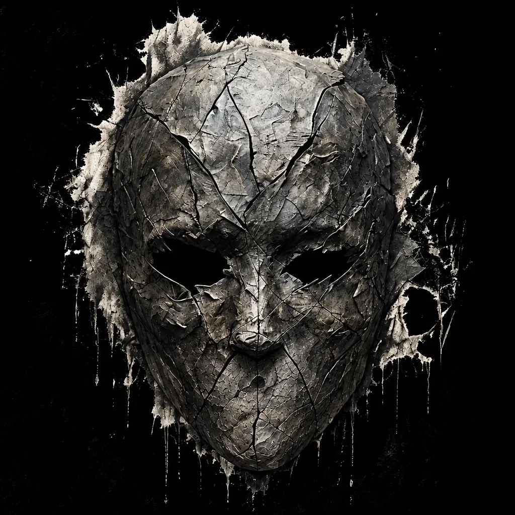 A cracked mask of bark and bone floats in black ink