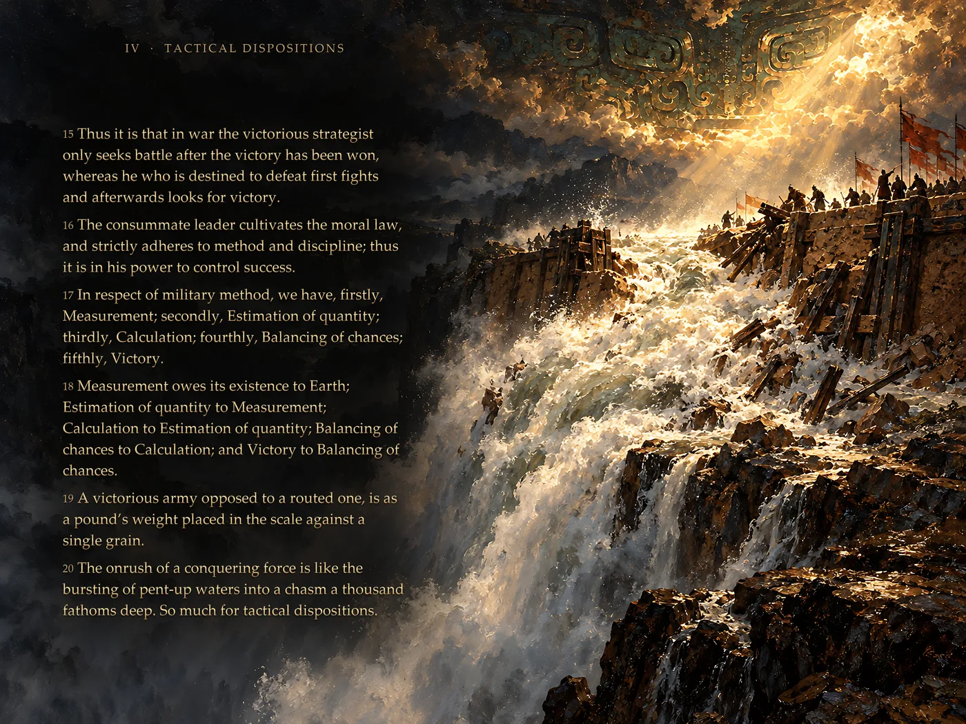 A painted opening of The Art of War: verses of Chapter IV beside an army on a cliff above a waterfall