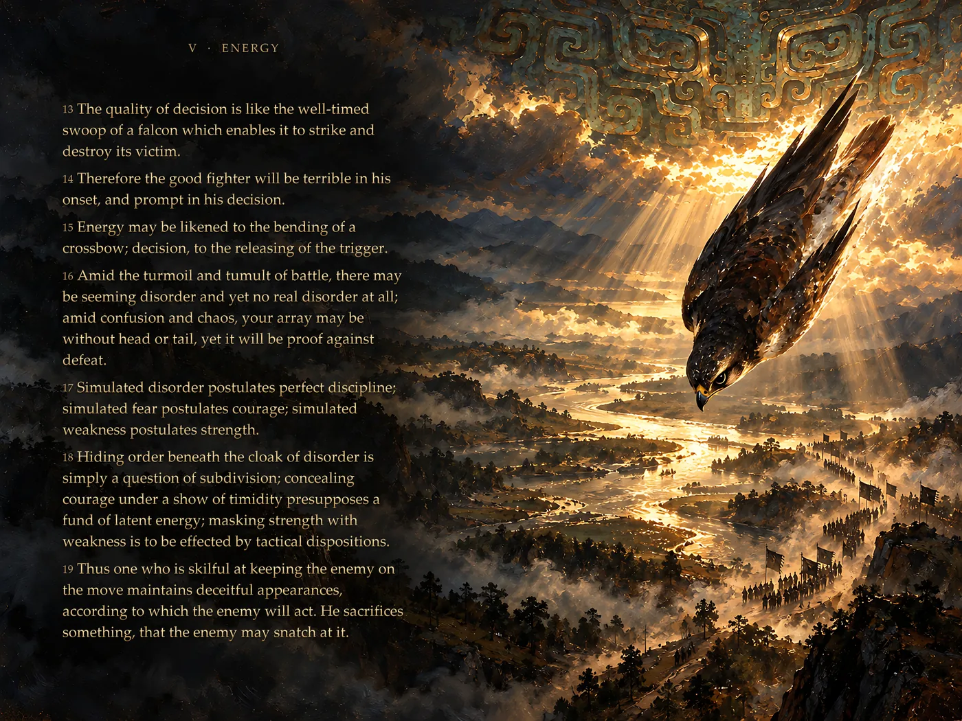An opening of The Art of War Illustrated: verses 13 to 19 of Chapter V, Energy, beside a falcon diving through light