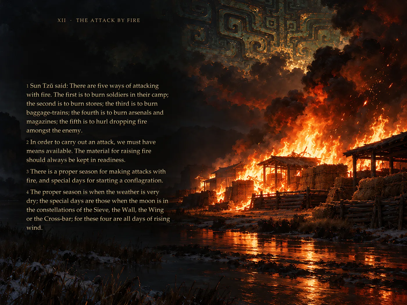 An opening of The Art of War Illustrated: the first verses of Chapter XII, The Attack by Fire, beside a burning camp at night