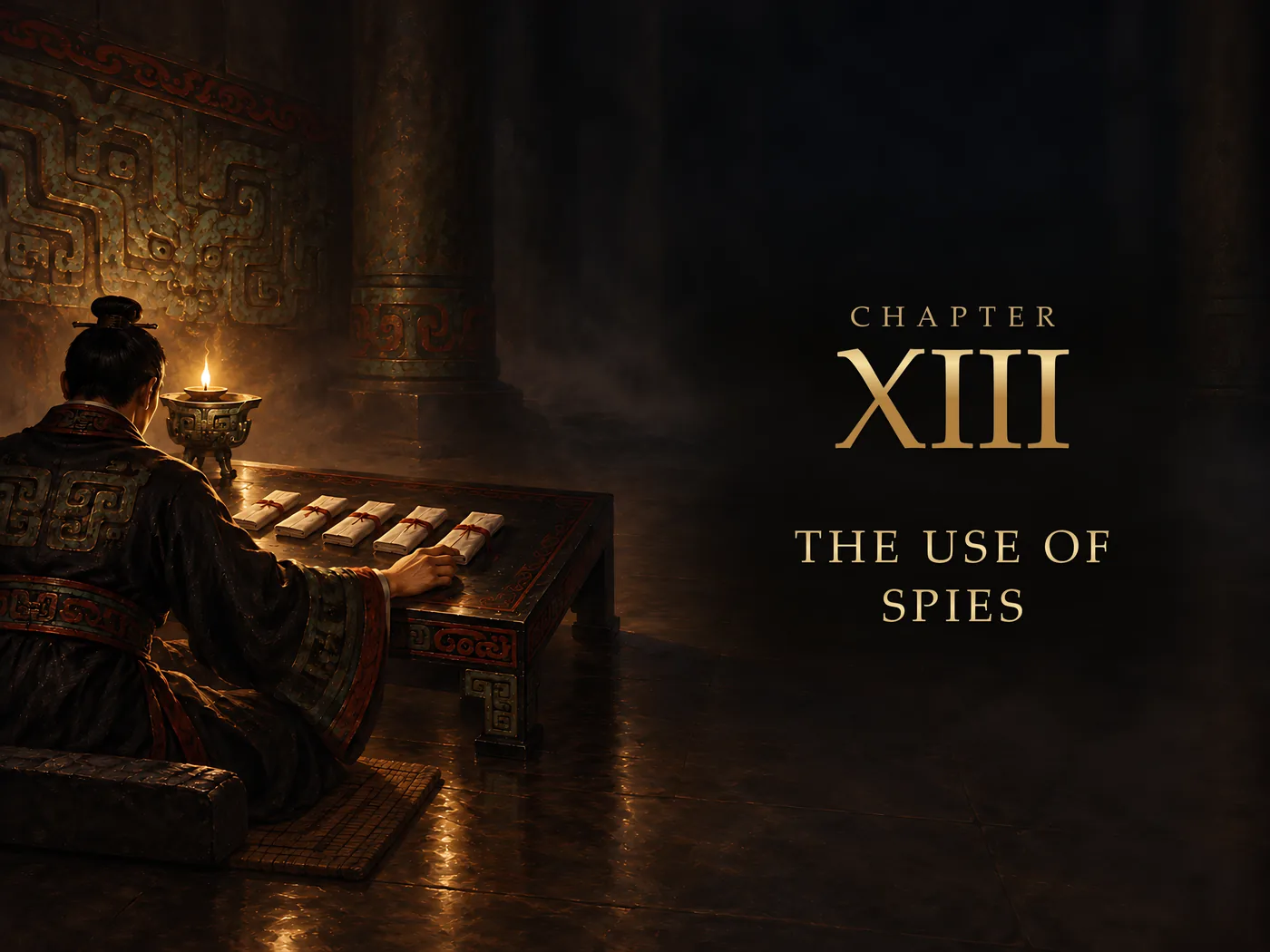 Chapter XIII, The Use of Spies: its opening painting in The Art of War Illustrated
