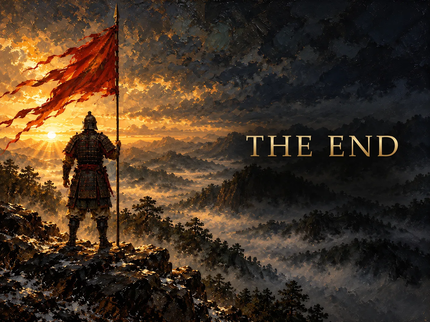 The closing plate of The Art of War Illustrated: a warrior with a red banner above the clouds