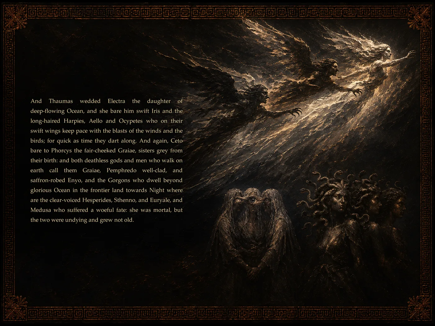 A painted opening of Theogony Illustrated: a winged Harpy in flight above shadowed monsters