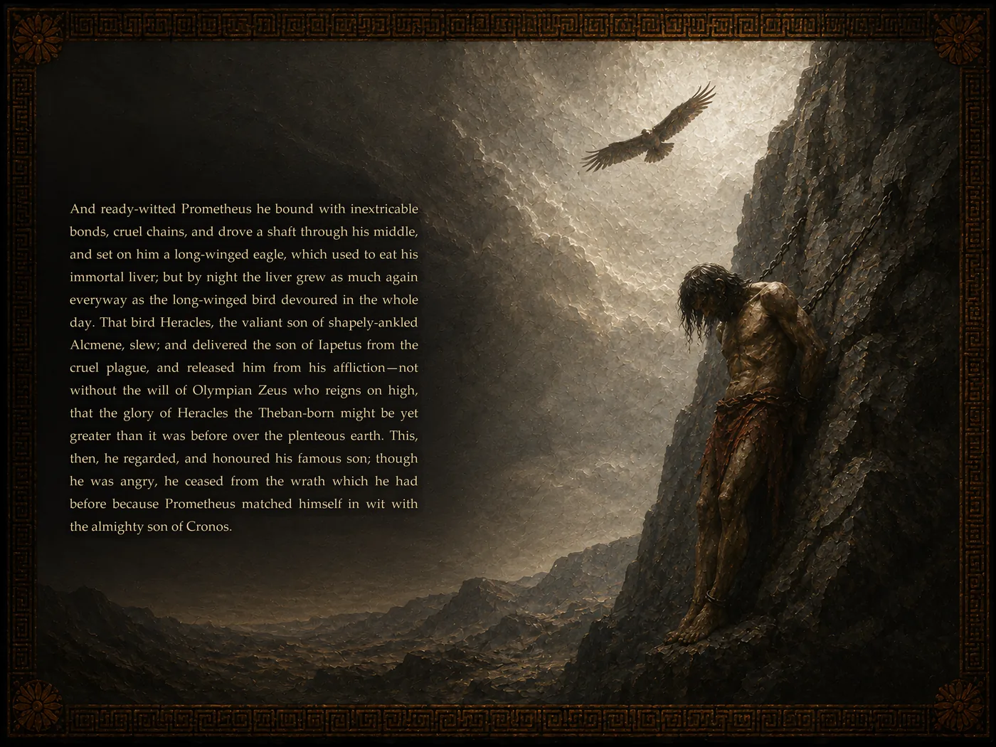 A painted opening of Theogony Illustrated: Prometheus bound to the rock as the eagle descends