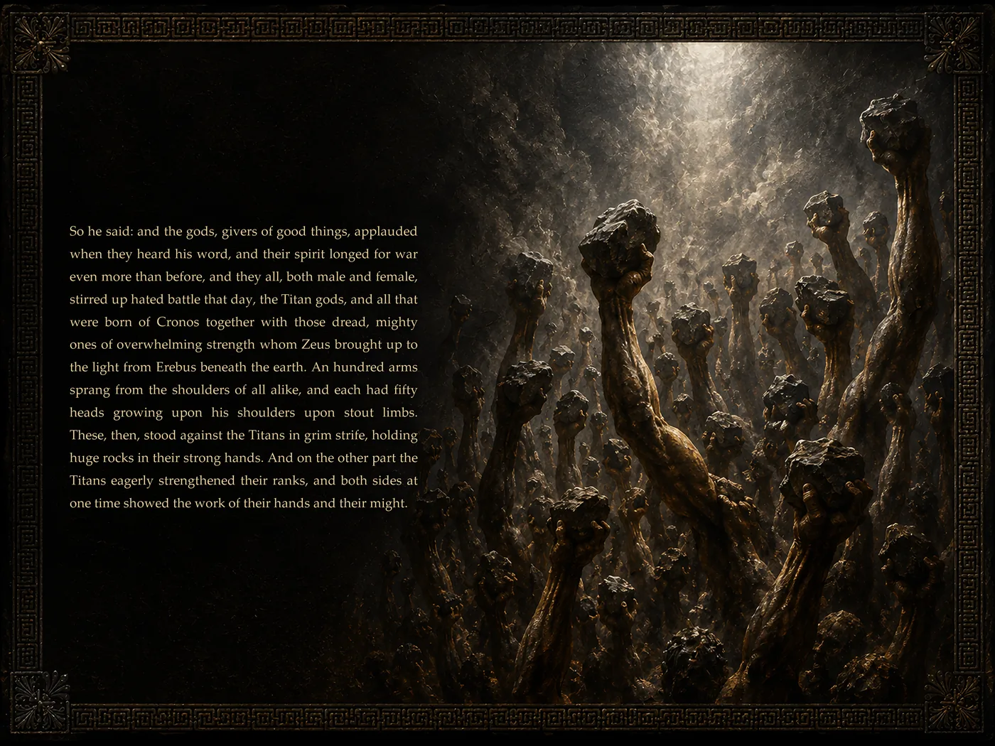 A painted opening of Theogony Illustrated: a hundred arms rising out of the dark, gripping rocks