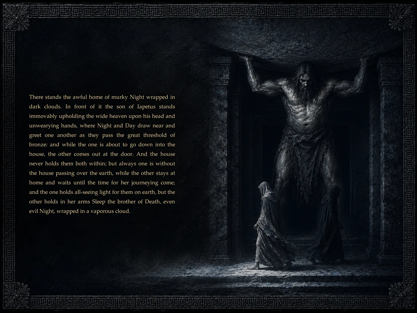 A painted opening of Theogony Illustrated: Atlas upholding the sky before the house of Night