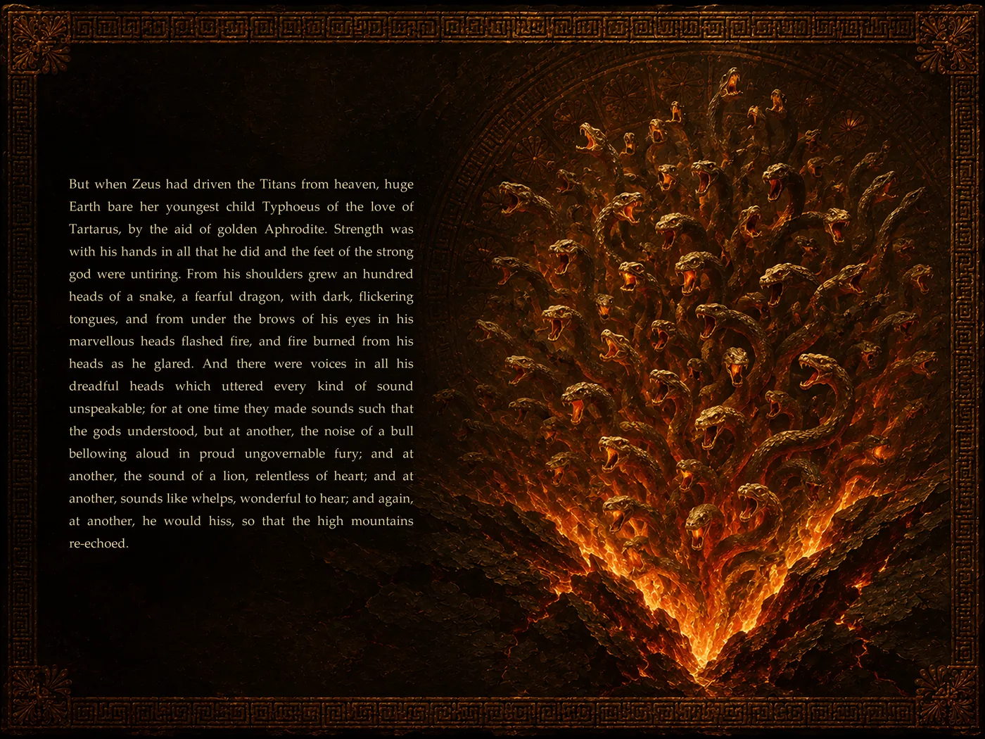 A painted opening of Theogony Illustrated: a crown of serpent heads in fire