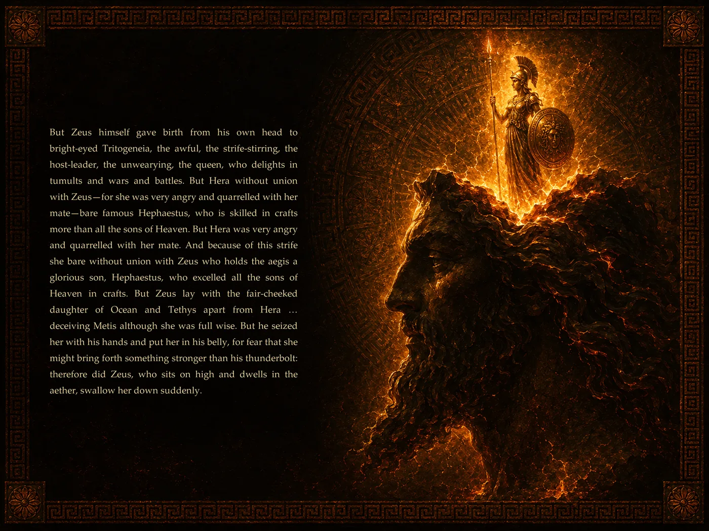 A painted opening of Theogony Illustrated: Athena rising in flame from the head of Zeus