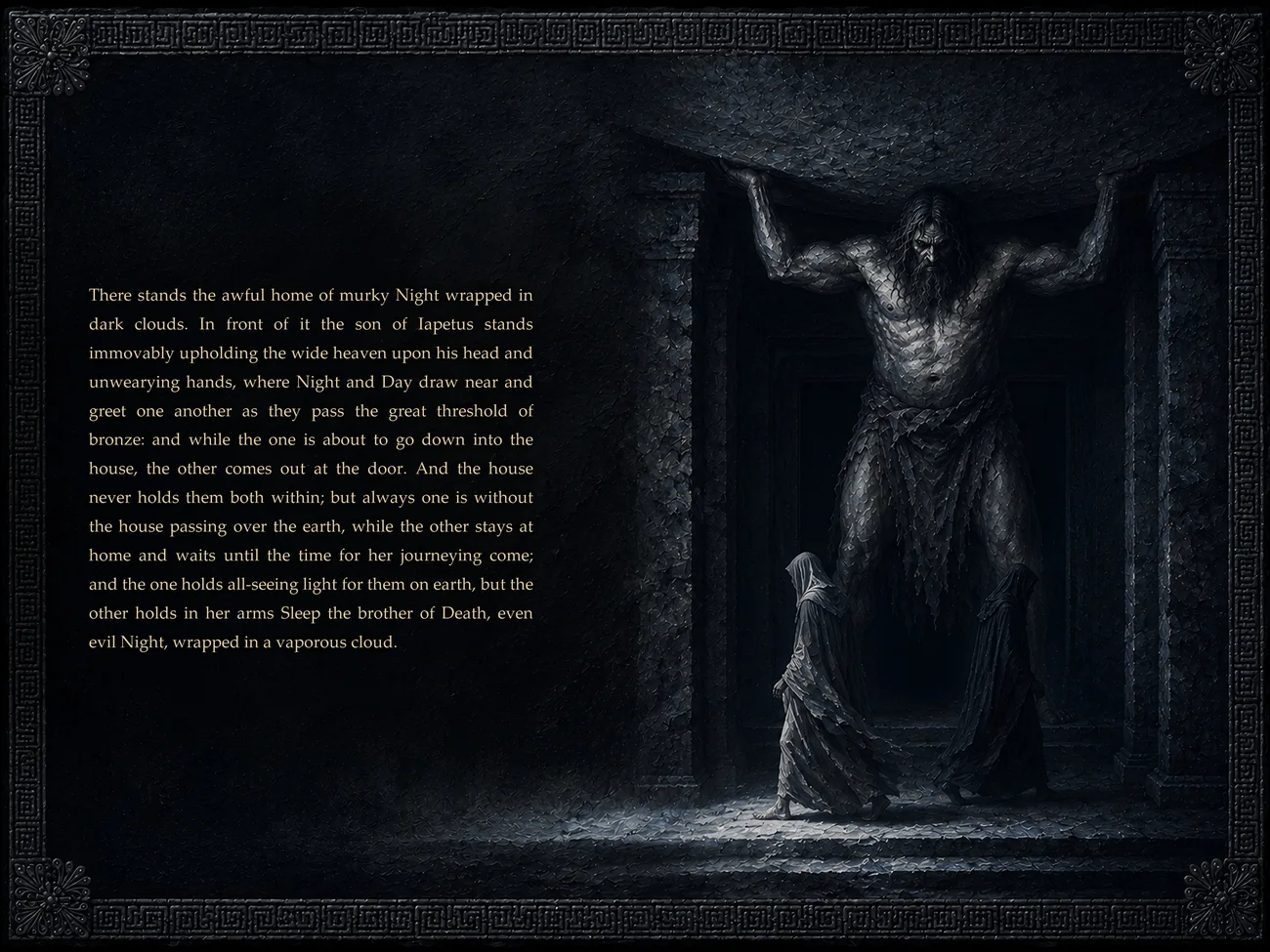 Illustrated Theogony spread: Atlas upholds the heaven before the dark house of Night as two cloaked figures pass the threshold
