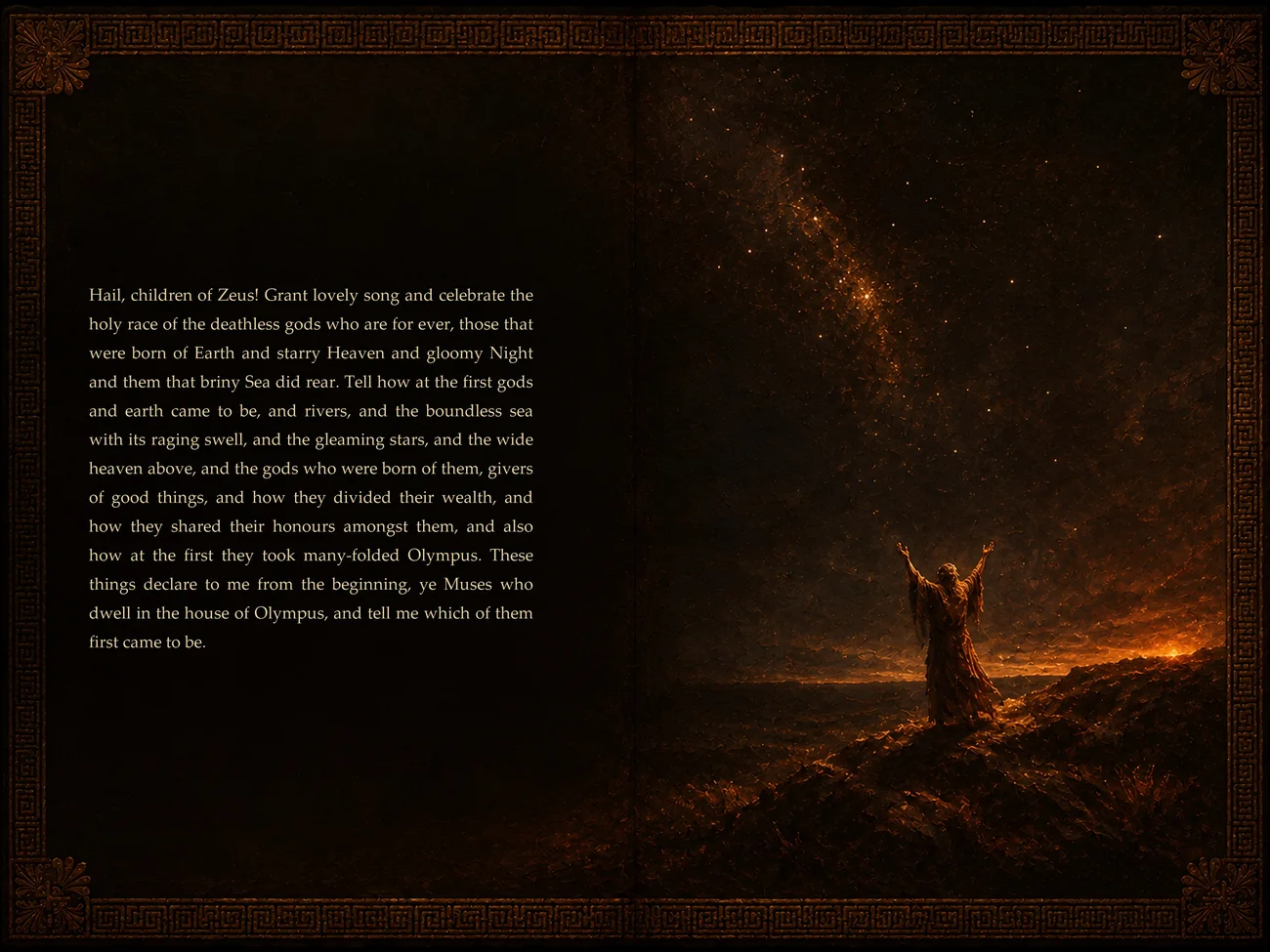 Opening spread of the illustrated Theogony: Hesiod's invocation of the Muses in gold type beside a lone figure raising his arms beneath the stars