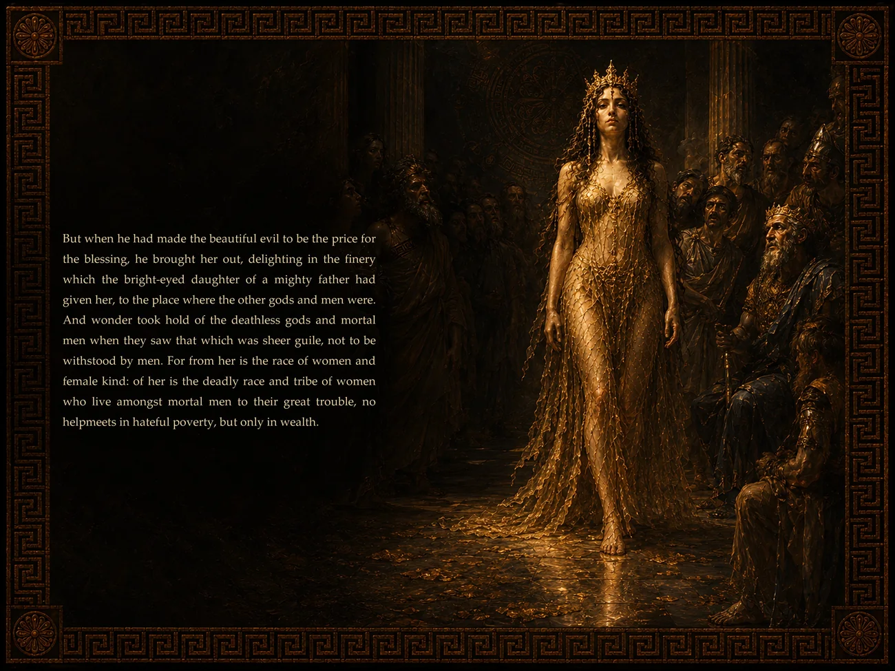 Illustrated Theogony spread: Pandora, adorned in gold, walks before the gathered gods and mortal men