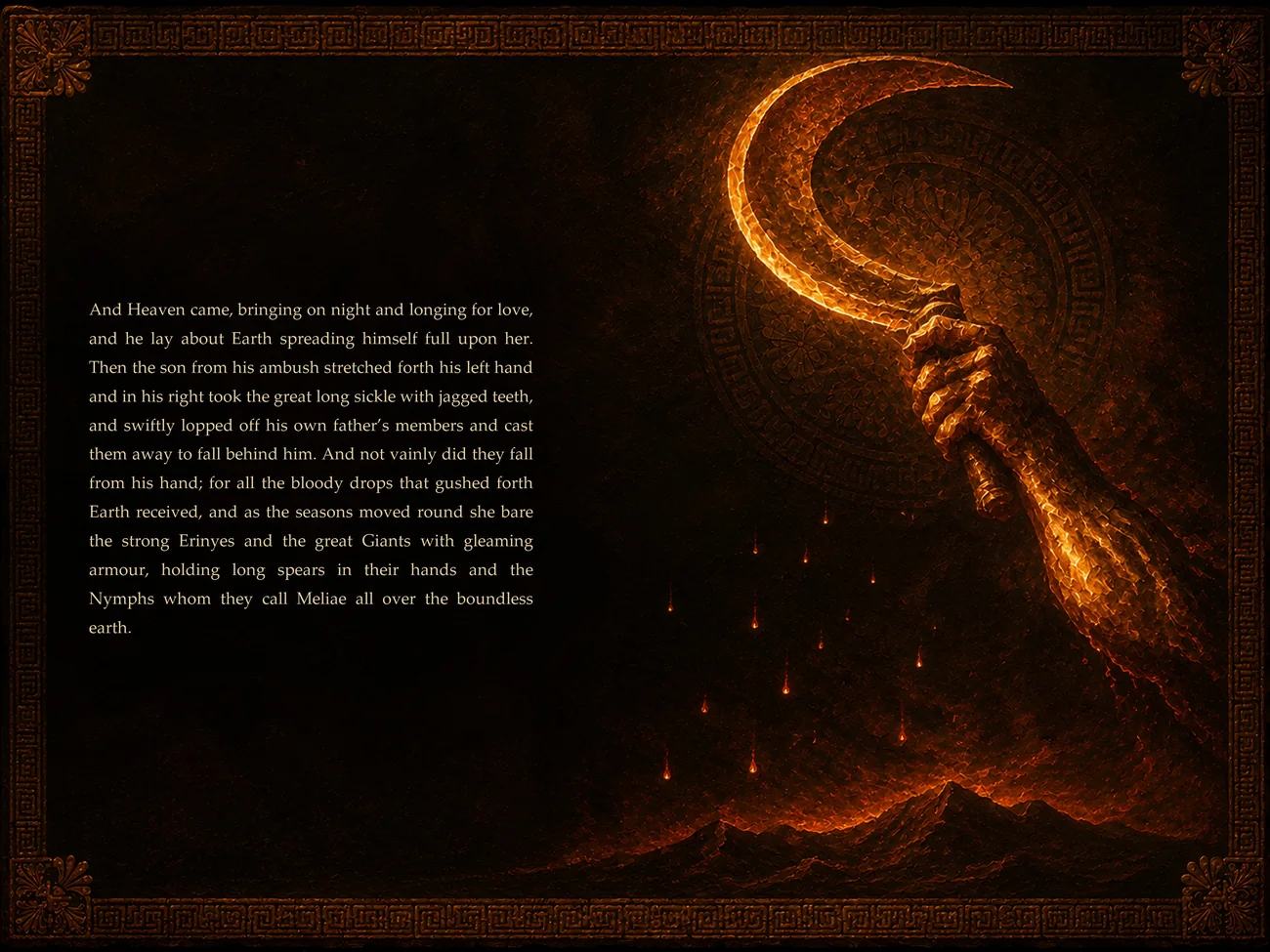 Illustrated Theogony spread: Cronus's hand raises the jagged sickle against Heaven while drops of blood fall to Earth