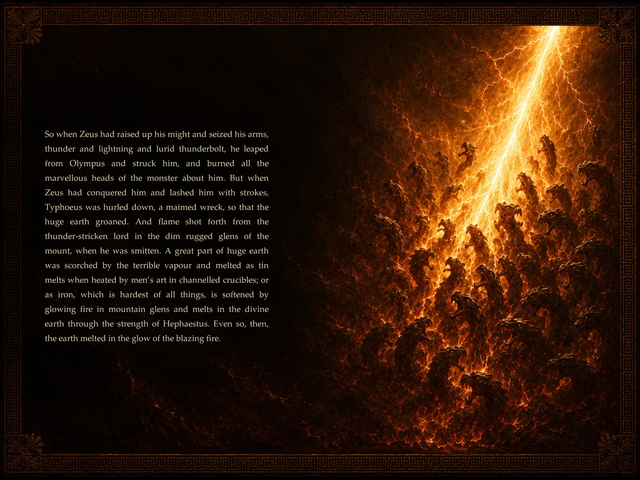 Illustrated Theogony spread: Zeus's thunderbolt strikes Typhoeus and the burning heads of the monster
