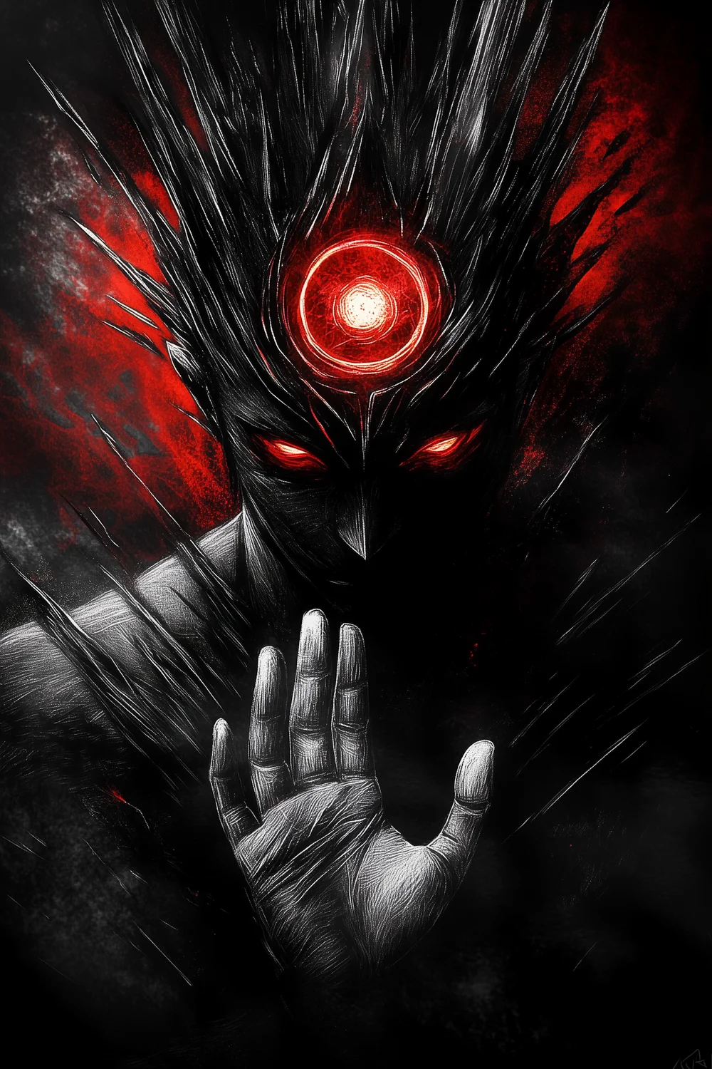 A crowned figure with a burning third eye raises an open hand