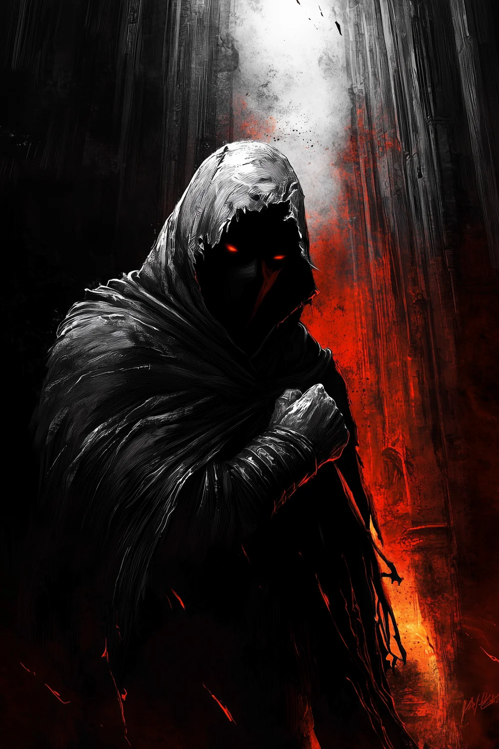 A hooded wanderer with eyes of ember lays a hand on his chest