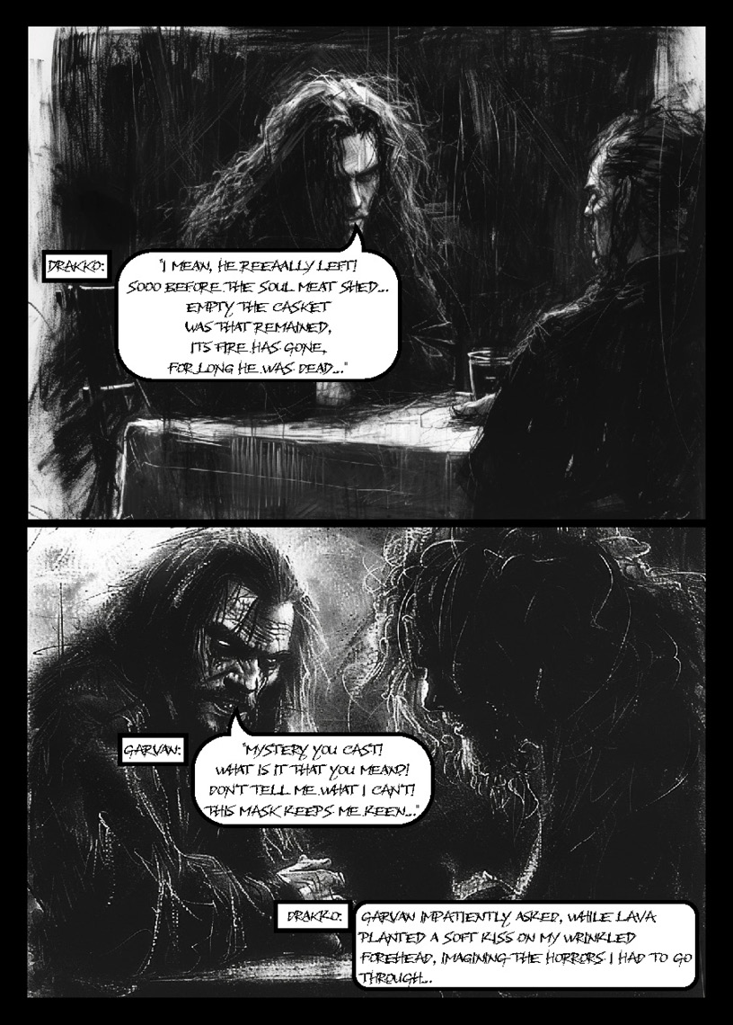 The Curse I sample page showing Drakko and Garvan confronting grief across a shadowed table