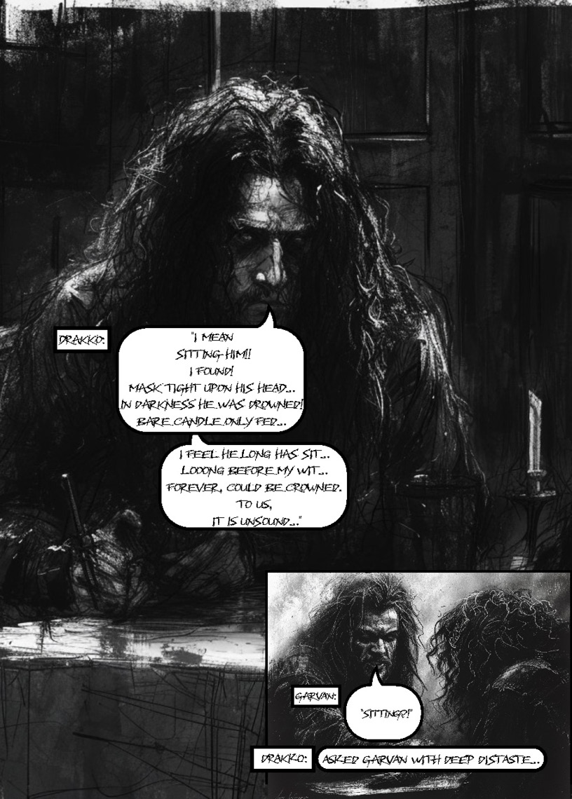 The Curse I sample page showing Drakko sitting in darkness during a tense conversation