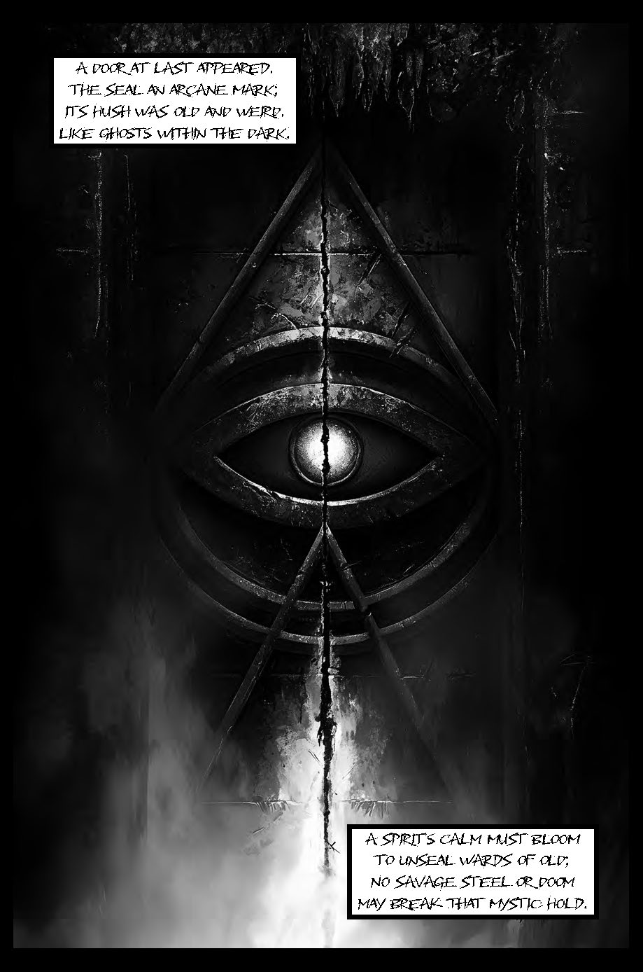 The Curse II sample page showing an ancient sealed door marked by a single eye
