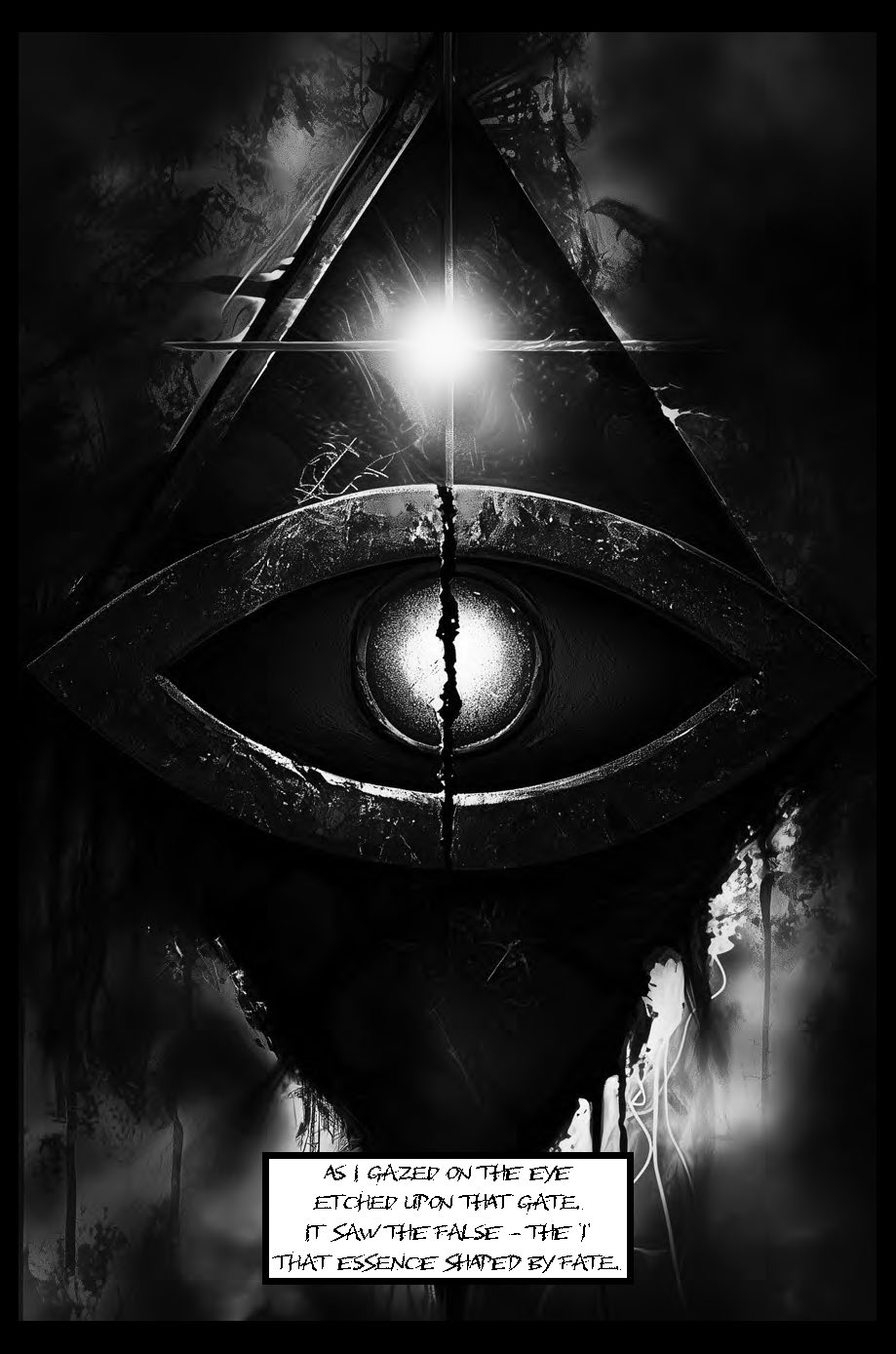The Curse II sample page showing a luminous eye within a black geometric gate