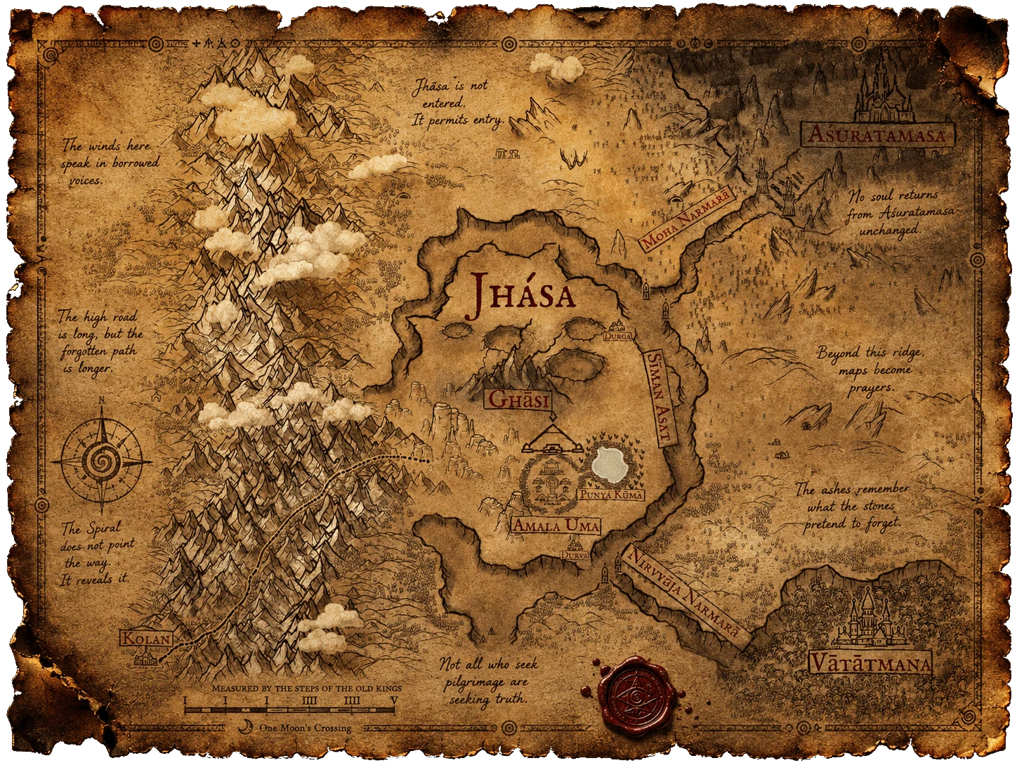 Map of the world of The Spiral &mdash; Klan, Kolan, Jhasa, Asuratamasa, Vatatmana, and the lands of the seekers